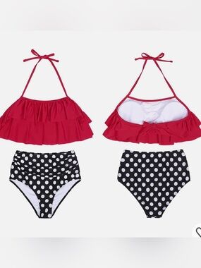 NWT Red Ruffle Halter Bikini Top with Black & White Polka Dot High-Waist Bottoms